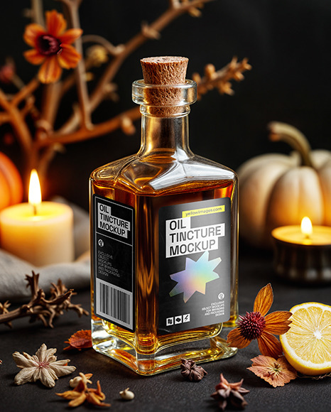 Oil Tincture Square Bottle with Candles and Pumpkin Mockup
