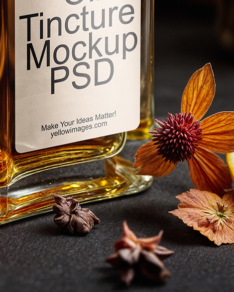 Oil Tincture Square Bottle with Candles and Pumpkin Mockup