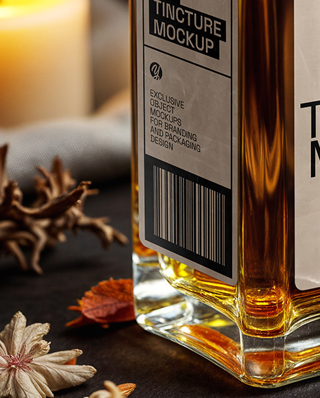 Oil Tincture Square Bottle with Candles and Pumpkin Mockup