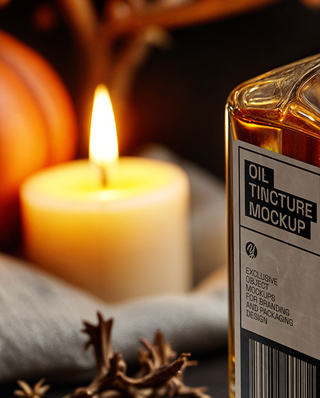 Oil Tincture Square Bottle with Candles and Pumpkin Mockup