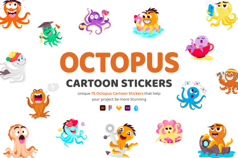 Octopus Cartoon Stickers - Cute characters