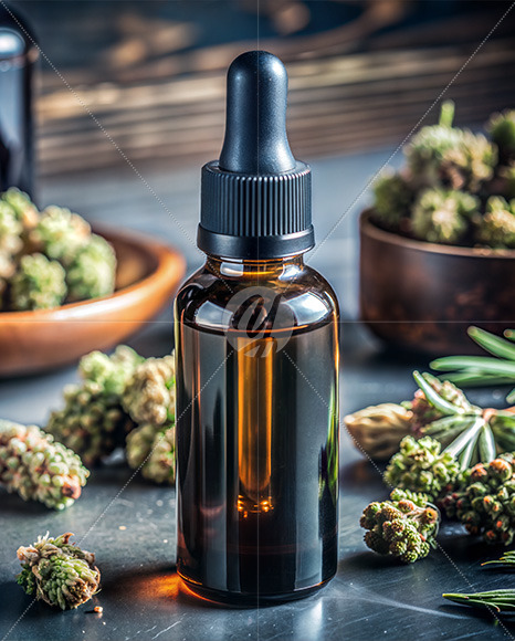 CBD Oil Dropper with Hemp Buds Mockup