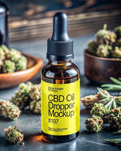 CBD Oil Dropper with Hemp Buds Mockup