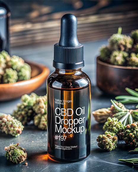 CBD Oil Dropper with Hemp Buds Mockup