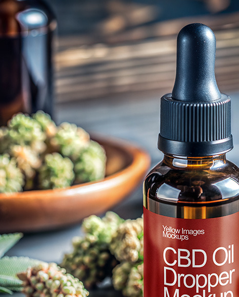 CBD Oil Dropper with Hemp Buds Mockup