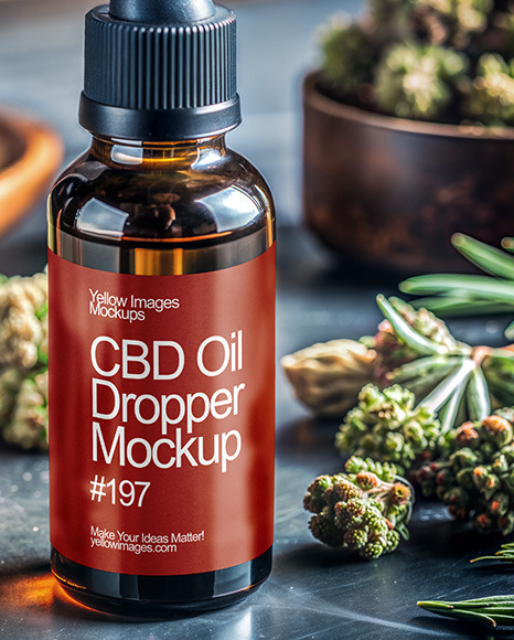 CBD Oil Dropper with Hemp Buds Mockup