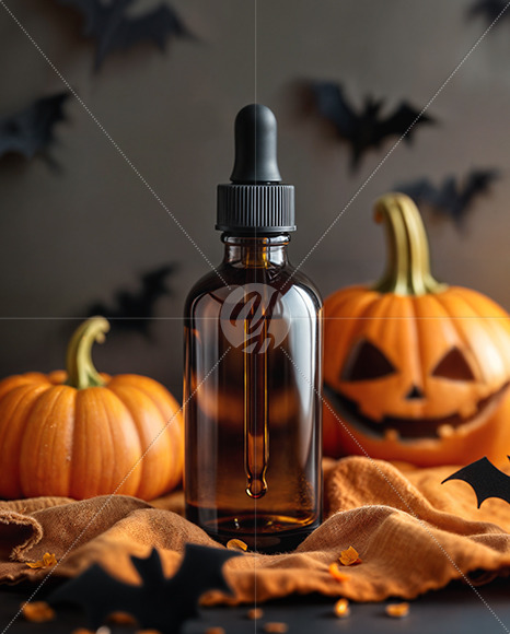 Amber Oil Tincture Dropper Bottle with Halloween Themed Background Mockup