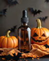 Amber Oil Tincture Dropper Bottle with Halloween Themed Background Mockup
