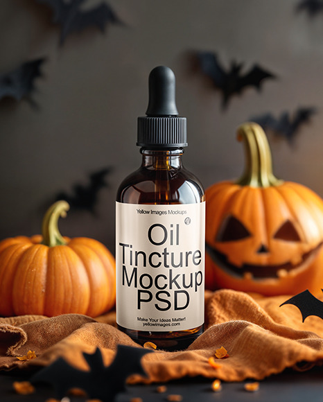Amber Oil Tincture Dropper Bottle with Halloween Themed Background Mockup