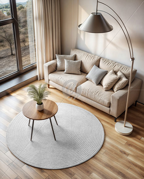 Living Room with Round Rug and Sofa Mockup