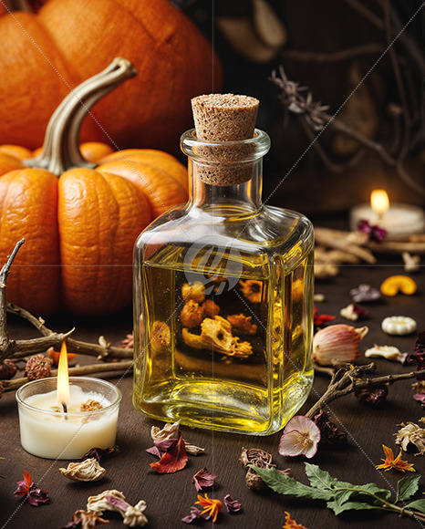 Oil Tincture Square Bottle with Candles and Pumpkin Mockup