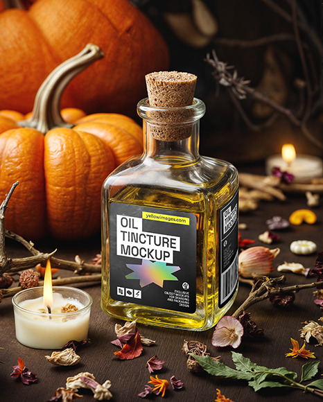Oil Tincture Square Bottle with Candles and Pumpkin Mockup
