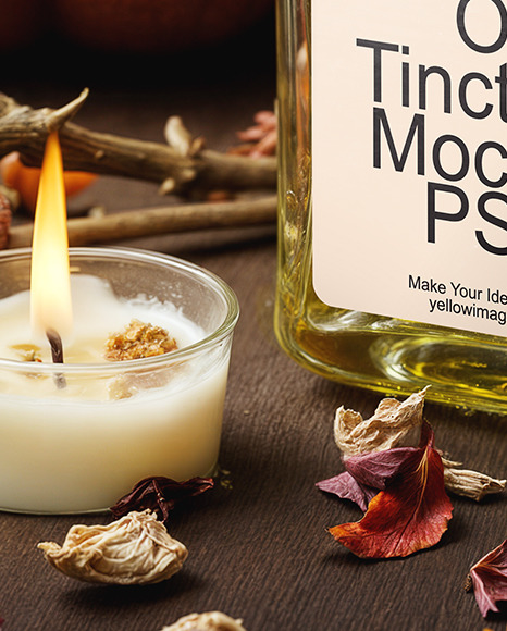 Oil Tincture Square Bottle with Candles and Pumpkin Mockup