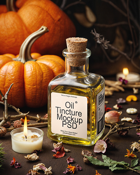 Oil Tincture Square Bottle with Candles and Pumpkin Mockup