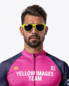 Man in Sunglasses Wearing a Cycling Jersey and Bib Shorts Mockup