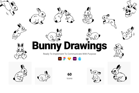 Bunny Drawing Icons - Doodle animation