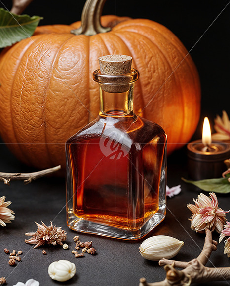 Oil Tincture Square Bottle with Dried Flowers and Pumpkin Mockup