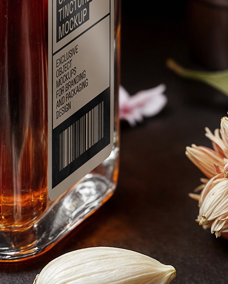 Oil Tincture Square Bottle with Dried Flowers and Pumpkin Mockup