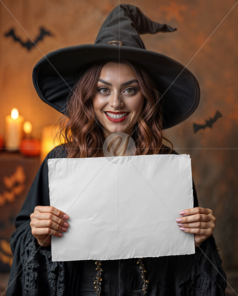 Smiling Halloween Witch Holding a Paper Sign Mockup