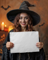 Smiling Halloween Witch Holding a Paper Sign Mockup