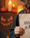Smiling Halloween Witch Holding a Paper Sign Mockup