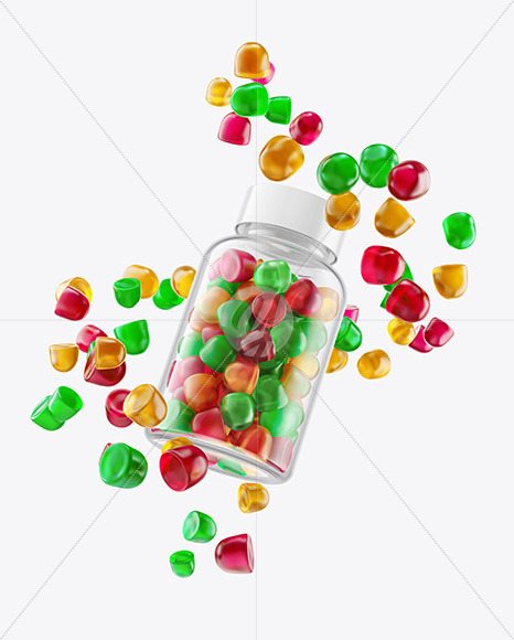 Plastic Bottle with Flying Gummies Mockup