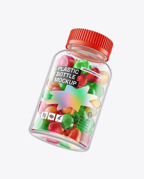 Plastic Bottle with Flying Gummies Mockup