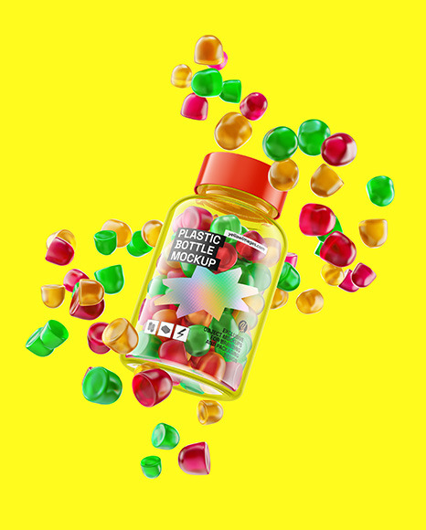 Plastic Bottle with Flying Gummies Mockup