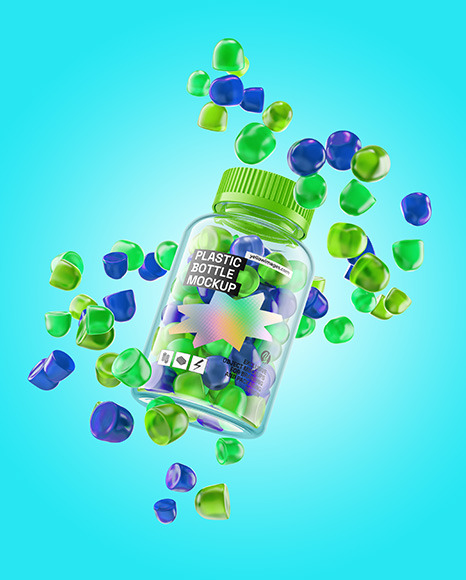 Plastic Bottle with Flying Gummies Mockup