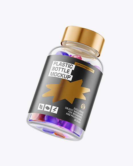 Plastic Bottle with Flying Gummies Mockup