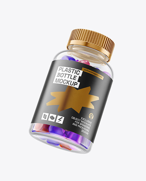 Plastic Bottle with Flying Gummies Mockup