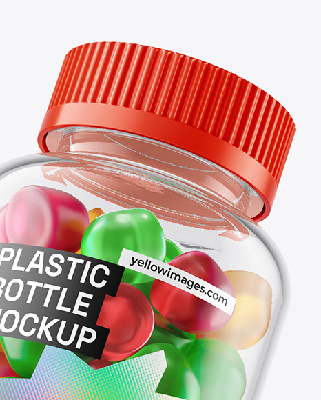 Plastic Bottle with Flying Gummies Mockup
