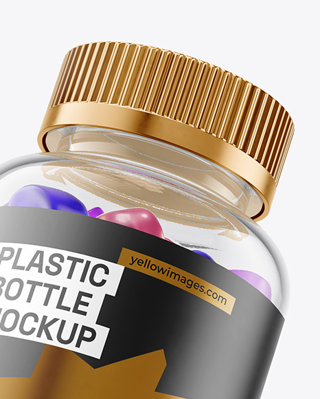 Plastic Bottle with Flying Gummies Mockup
