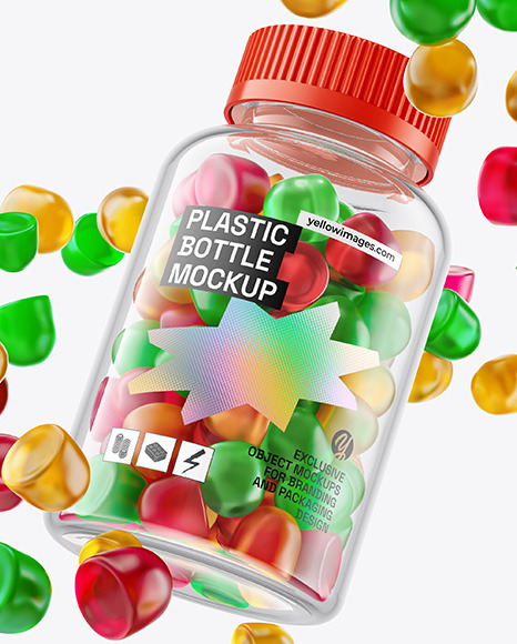 Plastic Bottle with Flying Gummies Mockup