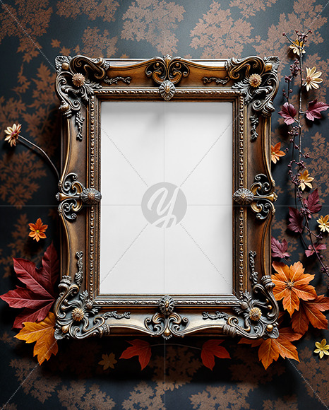 Picture in a Halloween Themed Antique Frame with Leaves Mockup