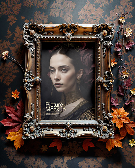 Picture in a Halloween Themed Antique Frame with Leaves Mockup
