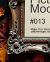 Picture in a Halloween Themed Antique Frame with Leaves Mockup