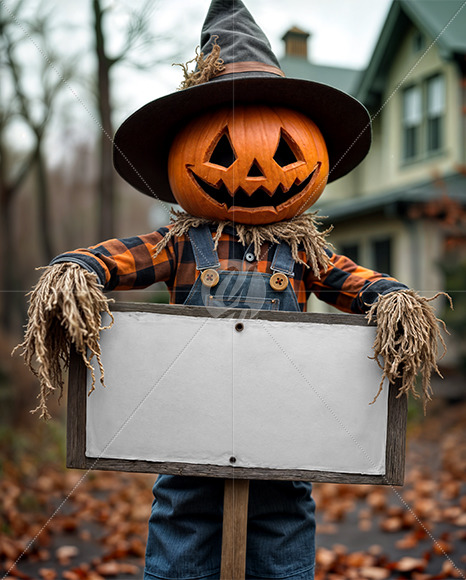 Halloween Scarecrow Holding a Sign Mockup