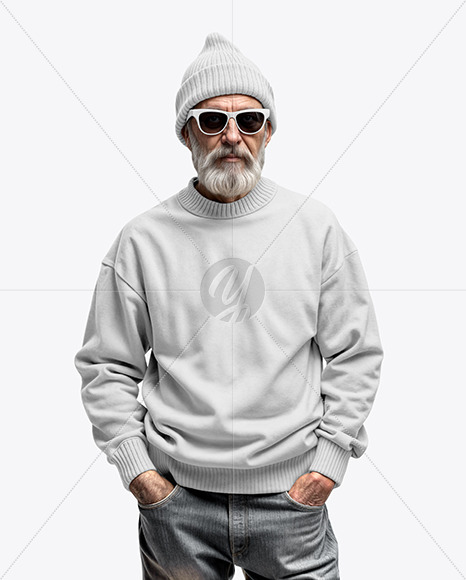 An Old Man with Sunglasses Wearing Sweatshirt and Beanie Hat Mockup