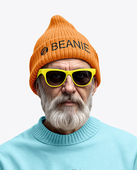 An Old Man with Sunglasses Wearing Sweatshirt and Beanie Hat Mockup