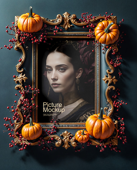 Picture in a Halloween Themed Frame with Berries on Branches Mockup