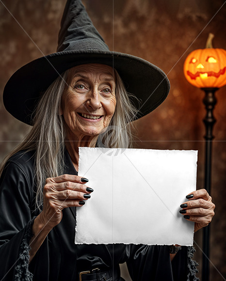 Old Halloween Witch Holding a Paper Sign Mockup