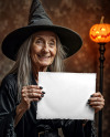 Old Halloween Witch Holding a Paper Sign Mockup
