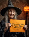 Old Halloween Witch Holding a Paper Sign Mockup