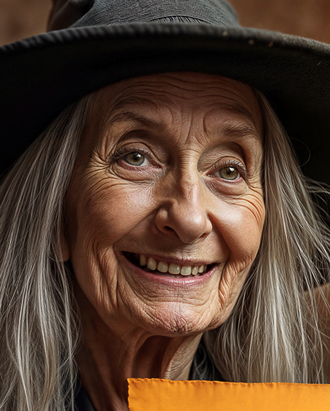 Old Halloween Witch Holding a Paper Sign Mockup