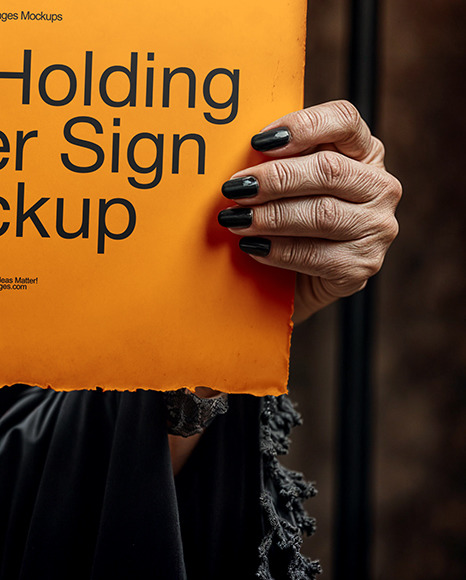 Old Halloween Witch Holding a Paper Sign Mockup