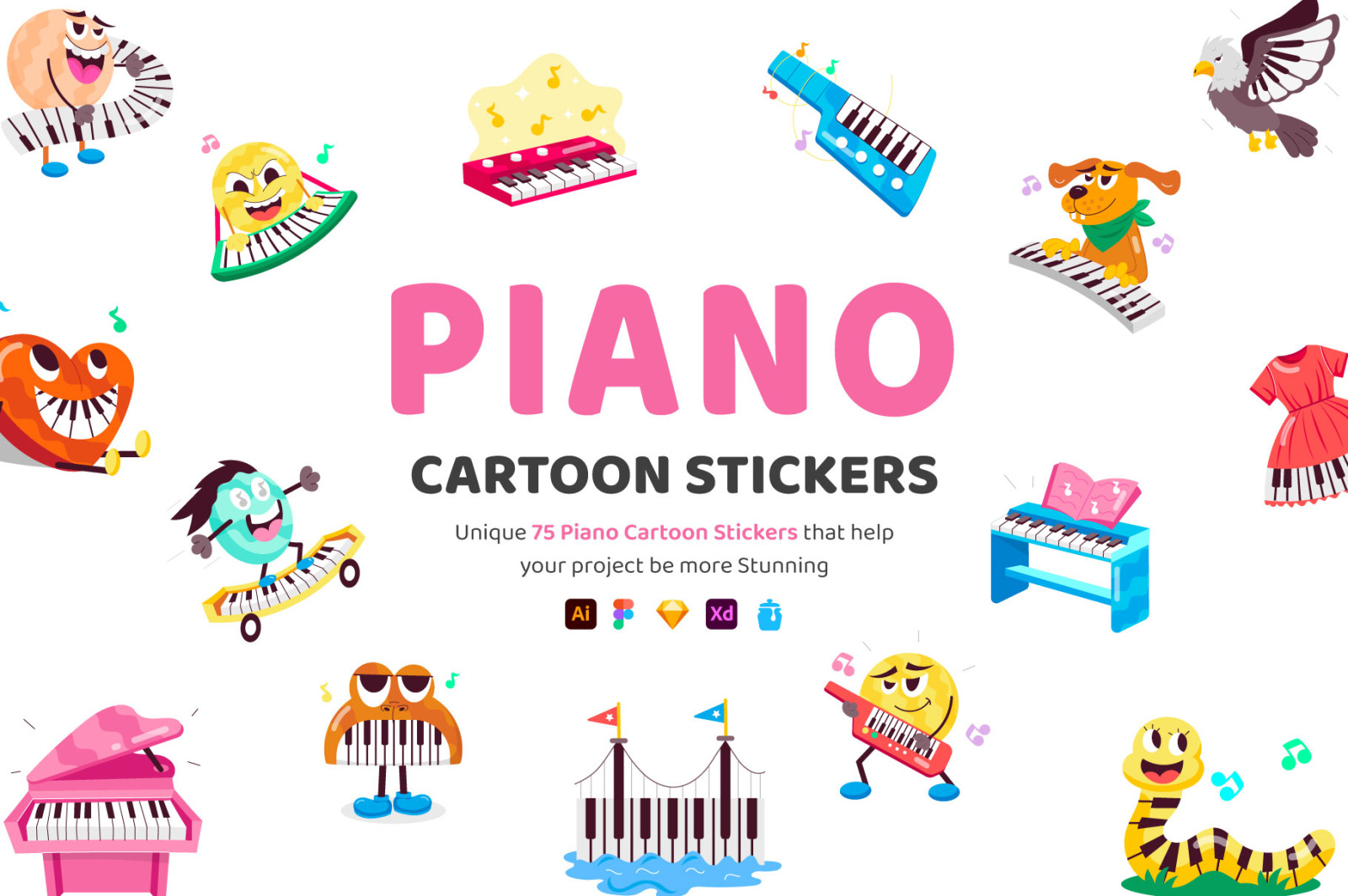 Piano Cartoon Stickers Set Piano Cartoon Stickers Set