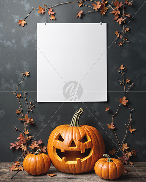 Poster on a Wall with Branches and Pumpkins Mockup