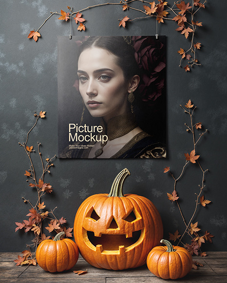 Poster on a Wall with Branches and Pumpkins Mockup