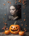 Poster on a Wall with Branches and Pumpkins Mockup
